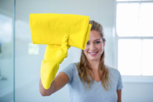 Technician pre-treating carpet before steam cleaning service